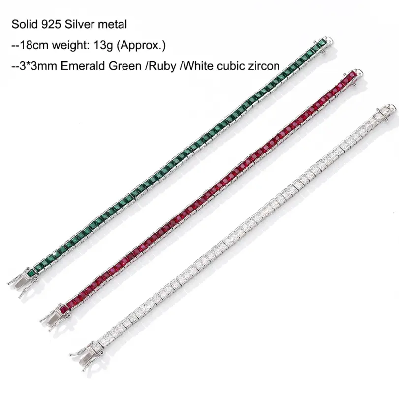 Pulsera de tenis de circón cúbico, cadena rectangular de 4mm de ancho, color blanco, verde, rojo rubí, sólido, Real 925, 3x3mm 3
