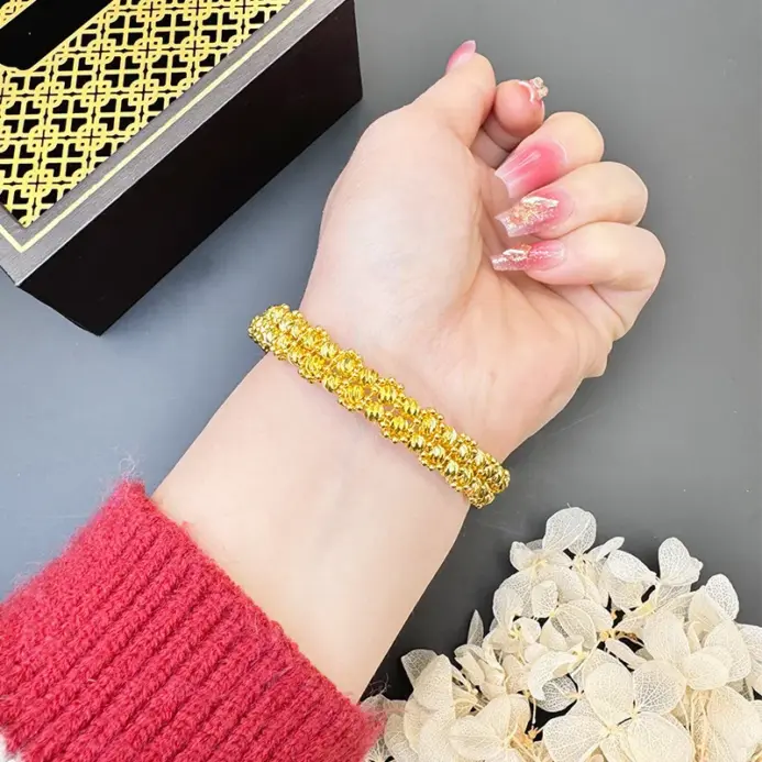 Pulsera de lujo de oro puro 24K 9999 con cuentas de oro real para mujer, pulsera de discoteca multicapa 2