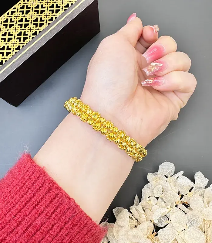 Pulsera de lujo de oro puro 24K 9999 con cuentas de oro real para mujer, pulsera de discoteca multicapa 2