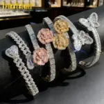 2025 nuevo Iced Out Bling abierto corazón flor encanto pulsera AAA CZ circón mariposa brazalete para hombres mujeres Hip Hop joyería de lujo 1
