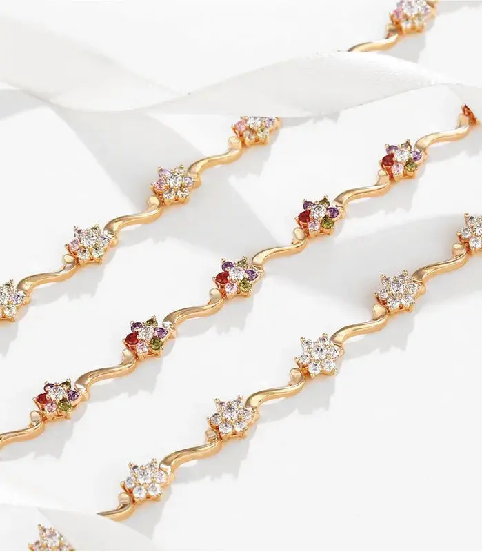 Pulseras de flores coloridas para hombre y mujer, brazaletes de 19 cm x 7mm, circón dorado plateado, joyería de moda 1