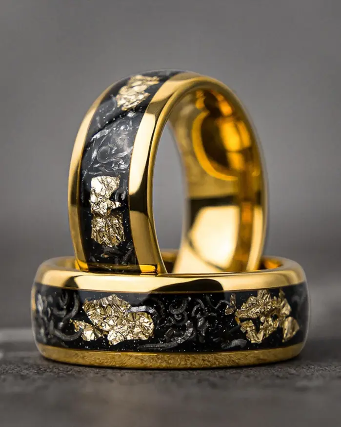 Anillo de tungsteno con meteorito de 8 mm para hombre, joyería de moda, anillos de boda para hombre, anillos de compromiso con incrustaciones de hoja de oro, regalos finos, ajuste cómodo. 2