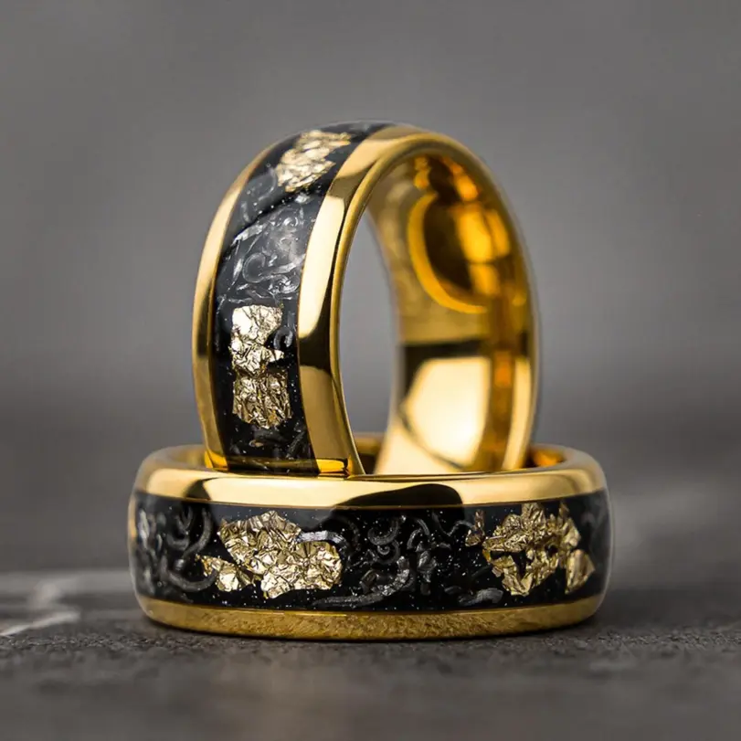 Anillo de tungsteno con meteorito de 8 mm para hombre, joyería de moda, anillos de boda para hombre, anillos de compromiso con incrustaciones de hoja de oro, regalos finos, ajuste cómodo. 2