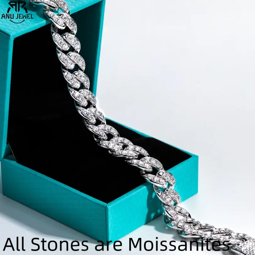pulsera cubana de moissanita, Plata de Ley 925 de Hip Hop, 1,2mm/1,5mm/2mm, llamativo de Metal pesado llamativo para hombres y mujeres 1
