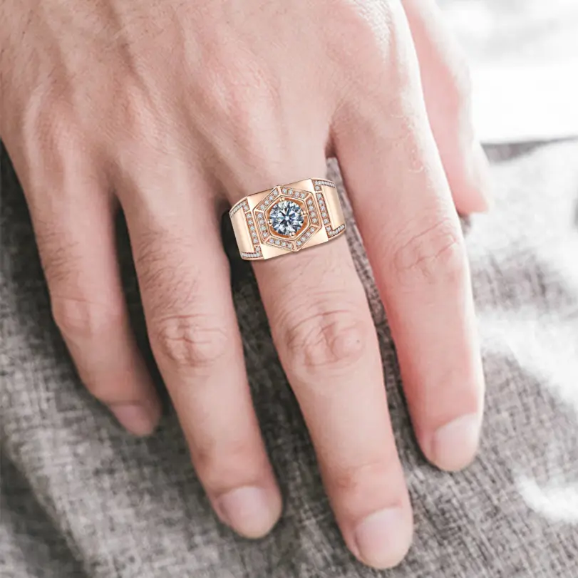 Anillo de Plata de Ley 925 Original, anillos redondos de diamante moissanita para hombre, Color oro rosa, joyería fina gruesa de lujo para novios de boda 3