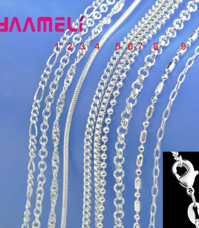 Collar de cadena de plata fina 925 auténtico con cierres de langosta para hombre y mujer, colgante, 10 diseños, 16-30 pulgadas, gran promoción, 100% 1