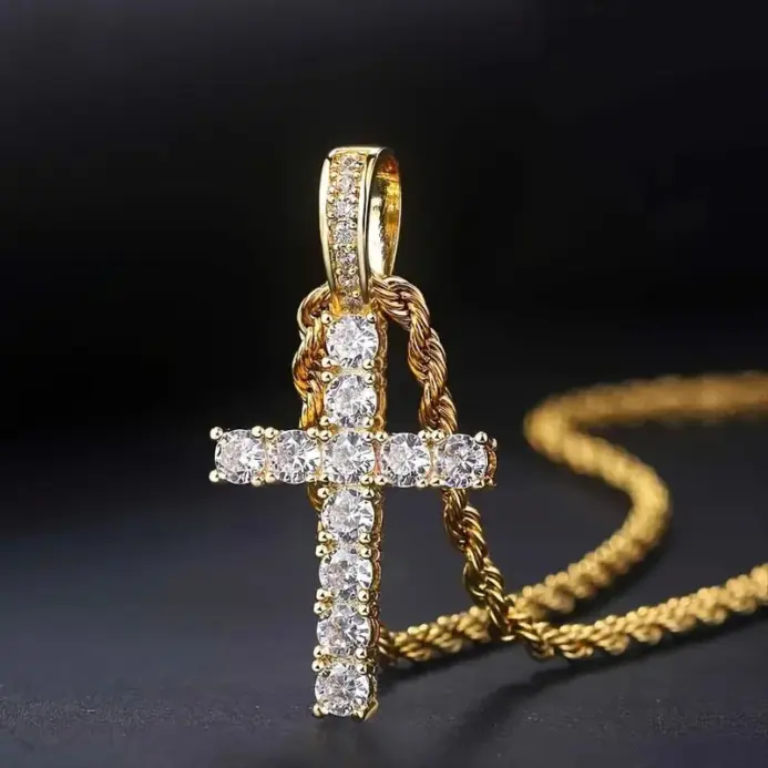 Collar largo de cadena trenzada de 60cm para mujeres/hombres, collar con colgante de Cruz de circonia cúbica de lujo a la moda, accesorios de amor para regalo 1