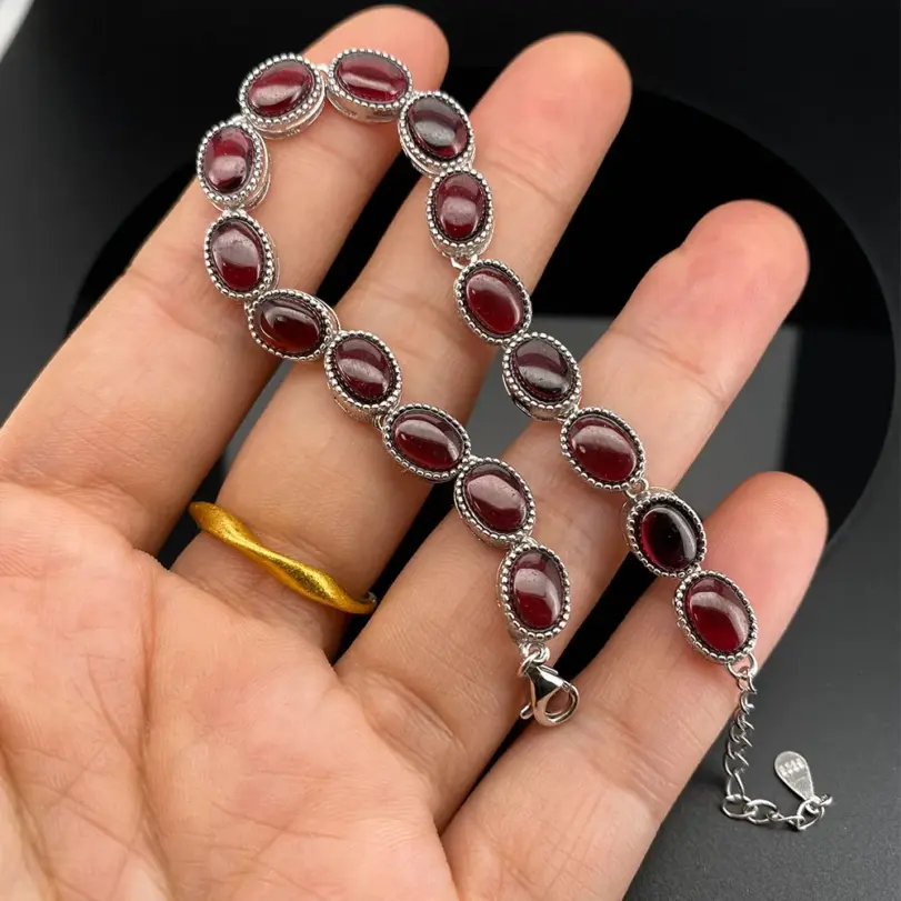 Conjunto de pulsera de plata de ley S925 con 17 granados naturales, joyería de pulsera para mujer sencilla y elegante, adecuada para uso diario 5