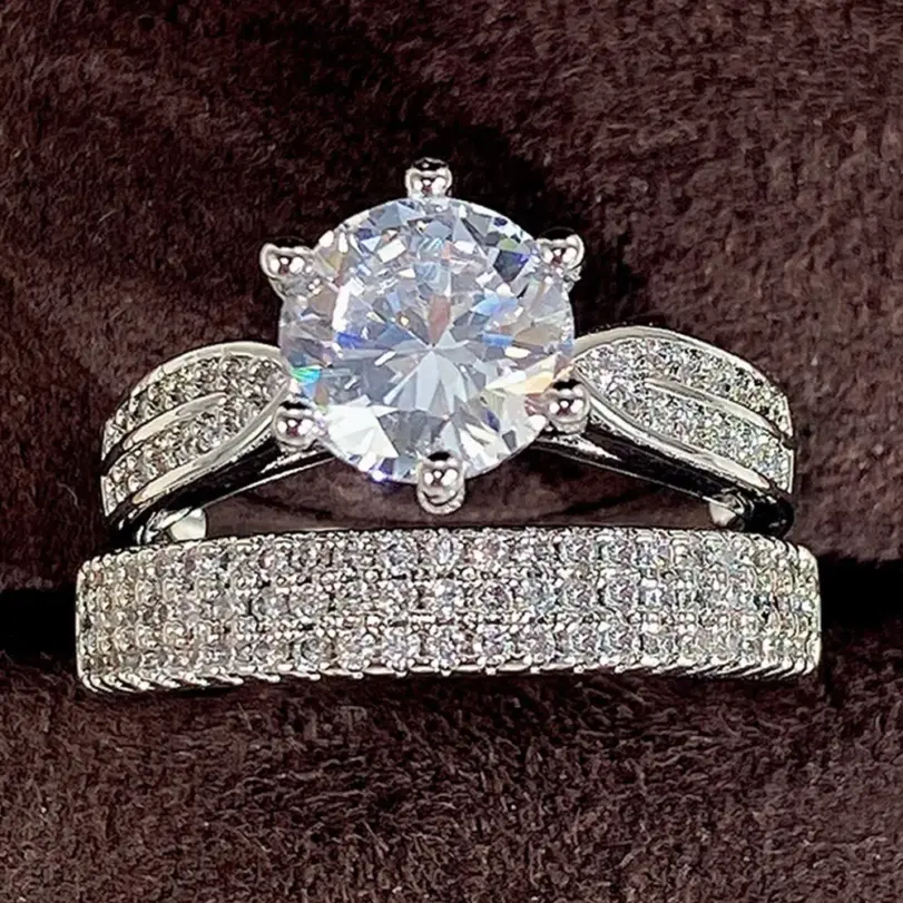 Accesorios elegantes, conjunto de anillos de boda de circón, conjunto plateado de 2 piezas, anillo de diamante Natural, anillos de compromiso brillantes para pareja y niña 4