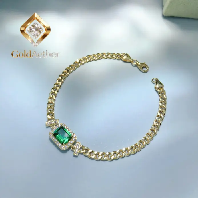 GoldAether - Pulsera de Lujo para Mujer, 100% Oro Real de 18k, Estilo Vintage con Esmeraldas y Diamantes, Pulsera Cuadrada con Moissanita 1
