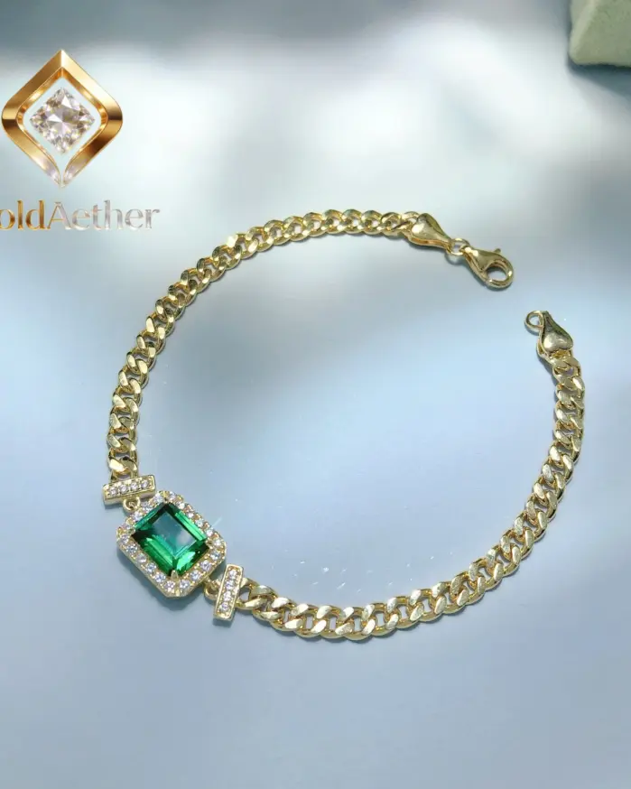 GoldAether - Pulsera de Lujo para Mujer, 100% Oro Real de 18k, Estilo Vintage con Esmeraldas y Diamantes, Pulsera Cuadrada con Moissanita 1