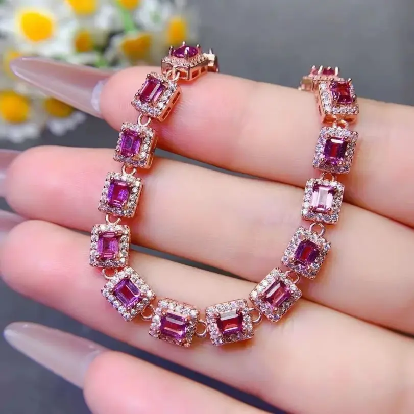 Pulsera de piedras preciosas de lujo para boda, 3mm x 4mm, granate Natural de 3 quilates, chapado en oro, joyería de plata 925 granate 4