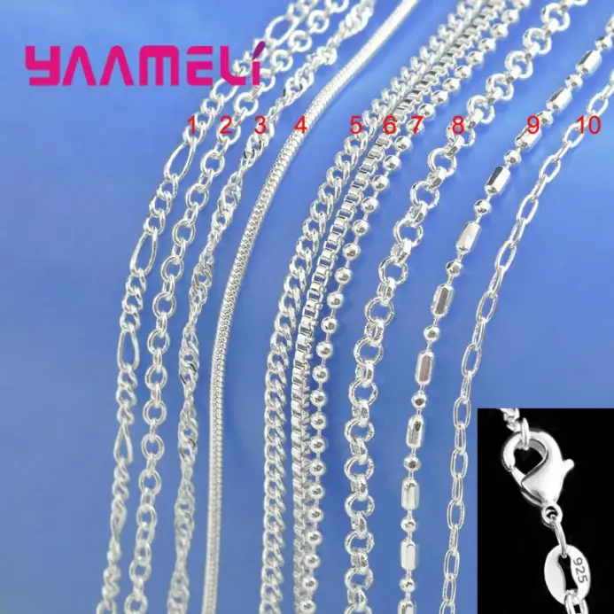 Collar de cadena de plata de ley 100% auténtica para hombre y mujer, colgante con cierre de langosta, 10 diseños, 16-30 pulgadas, gran promoción, 925 1