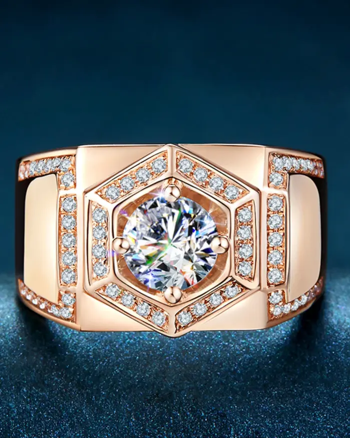 Anillo de Plata de Ley 925 Original, anillos redondos de diamante moissanita para hombre, Color oro rosa, joyería fina gruesa de lujo para novios de boda 1