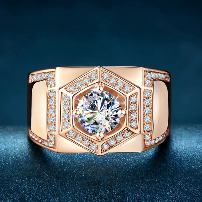 Anillo de Plata de Ley 925 Original, anillos redondos de diamante moissanita para hombre, Color oro rosa, joyería fina gruesa de lujo para novios de boda 1