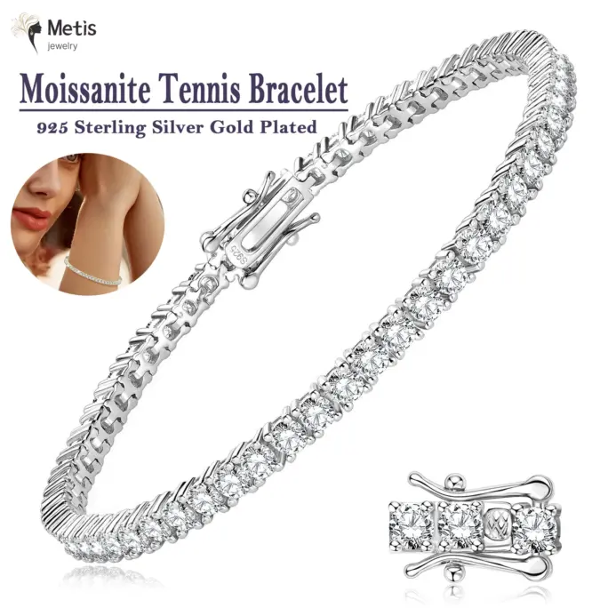 Pulsera de tenis Moissanite para mujer, chapado en oro blanco de 18 quilates, plata de 3mm, Color D VVS1, joyería para fiesta y boda, pulseras para mujer y hombre 1