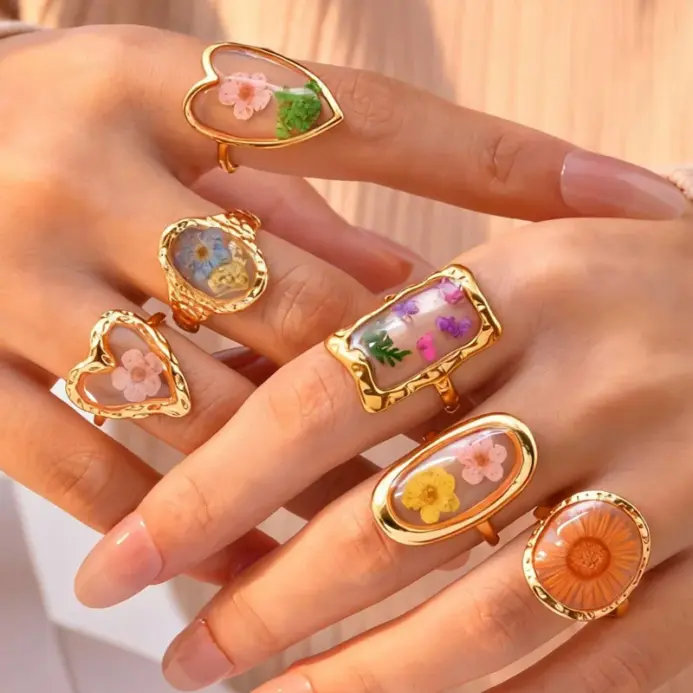 Anillos de Acero Inoxidable para Mujer, Joyería Única con Resina de Flores, Anillos Apilables Geométricos Delicados, Vintage, Resistentes al Agua 1