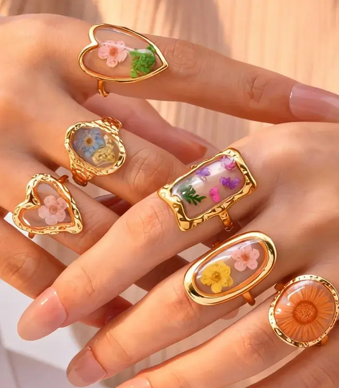 Anillos de Acero Inoxidable para Mujer, Joyería Única con Resina de Flores, Anillos Apilables Geométricos Delicados, Vintage, Resistentes al Agua 1