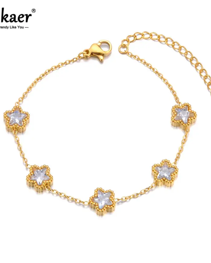 pulsera de estrella de acero inoxidable para mujer, brazalete de lujo de circonia cúbica verde y blanca, resistente al agua, cadena Premium, joyería B24003 1