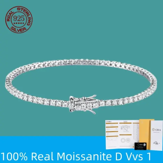 100% plata de ley S925, pulsera de tenis de moissanita auténtica de 2-6mm para mujer, joyería de boda, regalo exquisito de Navidad 1