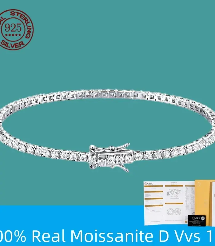 100% plata de ley S925, pulsera de tenis de moissanita auténtica de 2-6mm para mujer, joyería de boda, regalo exquisito de Navidad 1
