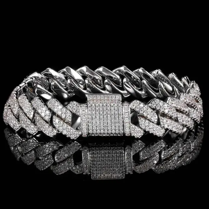 KNOBSPIN-pulsera cubana de moissanita para hombre y mujer, brazalete de Plata de Ley 925 chapado con diamantes de oro blanco de 18k, cadena de eslabones cubanos 2