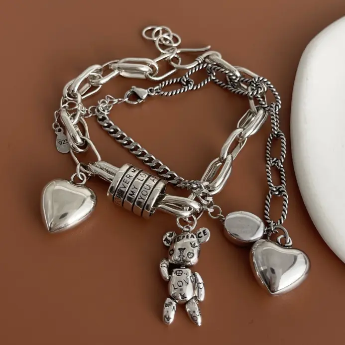 Pulsera Retro de plata de ley 925 100% sólida para mujeres y hombres, pulsera de corazón hecha a mano Vintage, regalo de cumpleaños 2