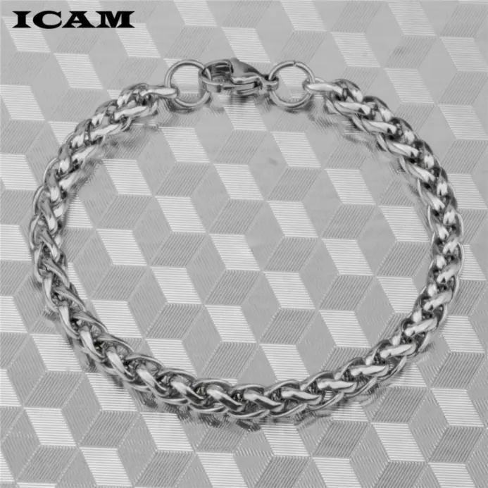 Pulsera y brazalete ICAM para hombre, regalo de Navidad 2018, pulsera de acero inoxidable, eslabones de Color plateado, joyería de doble cadena de trigo, envío directo 2