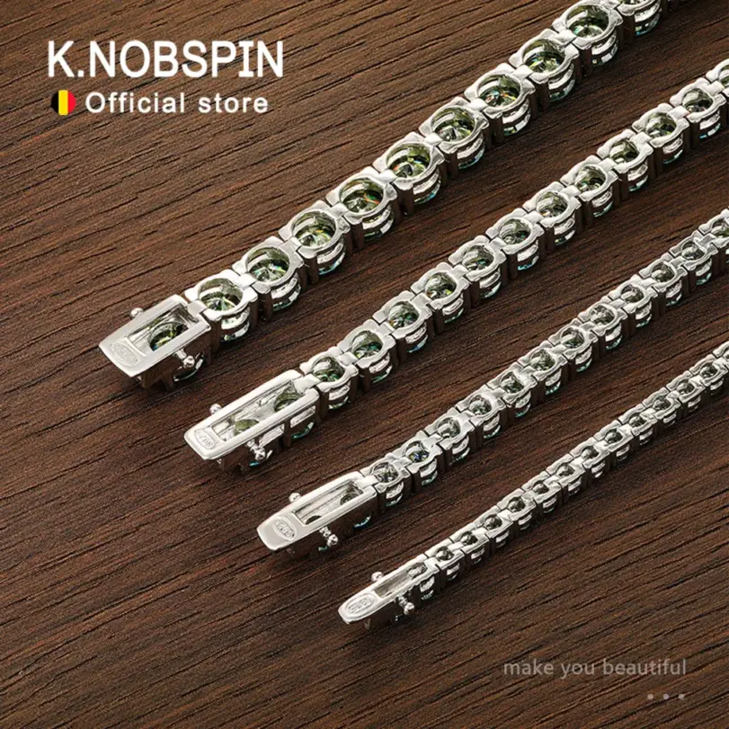 KNOBSPIN D VVS, pulseras de tenis originales de moissanita verde para mujeres y hombres, diamantes de laboratorio con joyería de boda GRA, pulsera de plata 925 4
