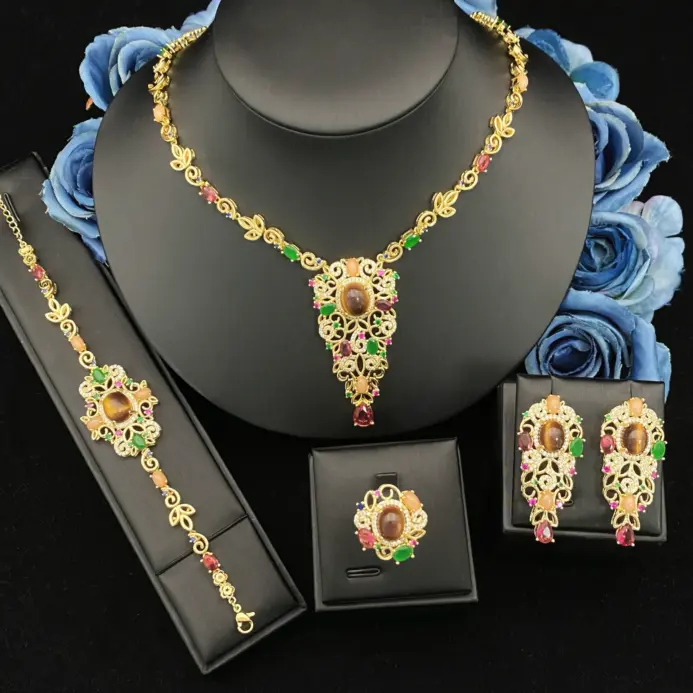 Juego de Joyería de Lujo para Mujer Falair, con Circonitas Simuladas, Brazalete, Anillo, Collar y Aretes de Cobre Dorado, Joyería Elegante para Uso Diario 1