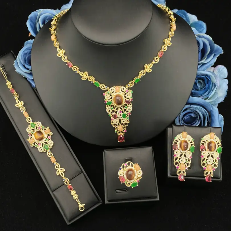 Juego de Joyería de Lujo para Mujer Falair, con Circonitas Simuladas, Brazalete, Anillo, Collar y Aretes de Cobre Dorado, Joyería Elegante para Uso Diario 1