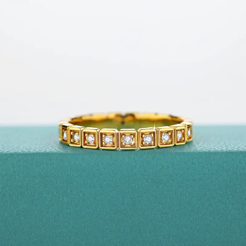 Anillo hueco de moissanita redondo completo de moda oro Real de 18 quilates AU750 uso diario fiesta joyería del Día de San Valentín regalos para hombres/mujeres 5