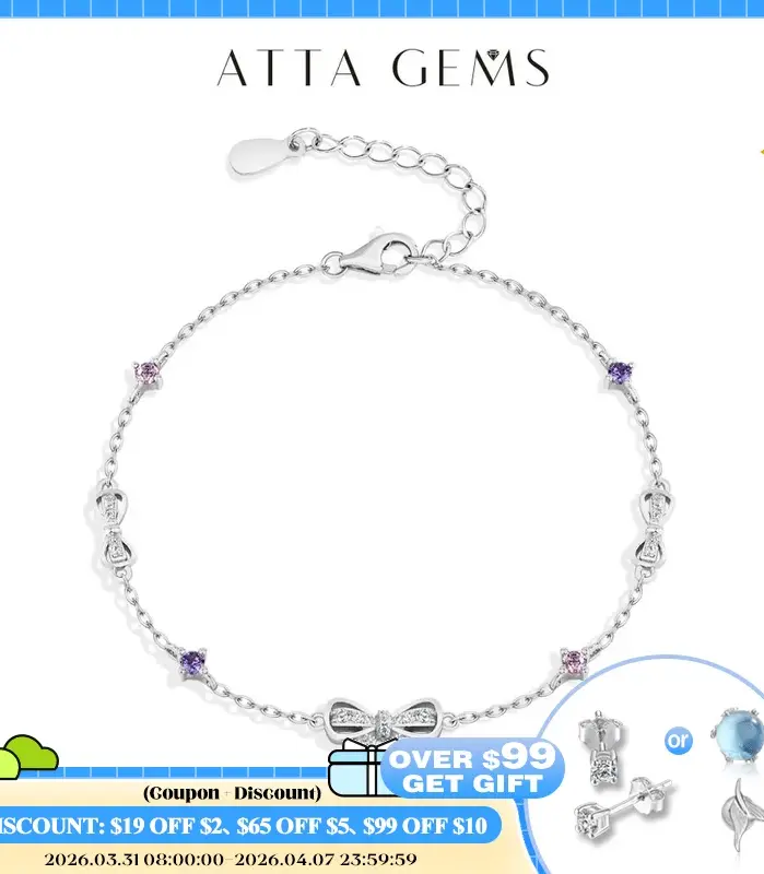 Pulsera de Plata de Ley 925 con Moissanita y Lazo de ATTAGEMS, Diseño Original y Dulce, Pulseras Coloridas con Circonitas Rosas para Mujer, Regalos para Fiestas 1