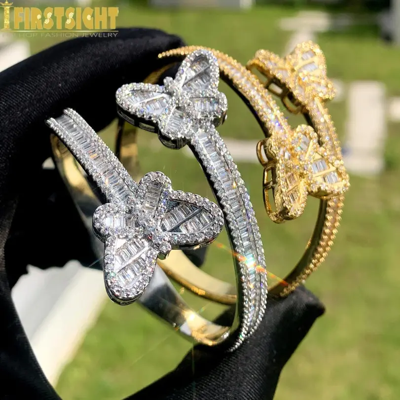 2025 nuevo Iced Out Bling abierto corazón flor encanto pulsera AAA CZ circón mariposa brazalete para hombres mujeres Hip Hop joyería de lujo 5