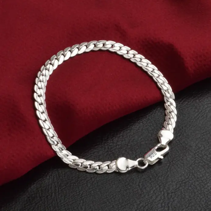Pulsera de plata de ley 925, 6mm, 18/20cm, cadena lateral plana, cierre de langosta para mujer, hombre, joyería de compromiso de boda 2