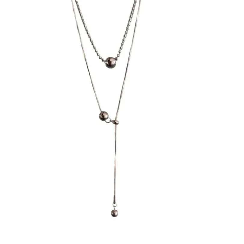 Collar con colgante de bola con cuentas de acero inoxidable para mujer, diseño de personalidad, Color plateado, gargantillas de Hip Hop Rock de doble capa, joyería 6
