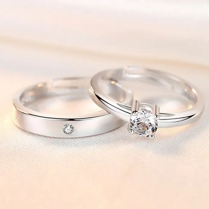 2 Anillos de Plata de Ley 925 con Circonita para Pareja, para Mujer y Hombre, Exquisitos, para Estudiantes, Novias, Accesorios de Joyería de Plata para Boda 2