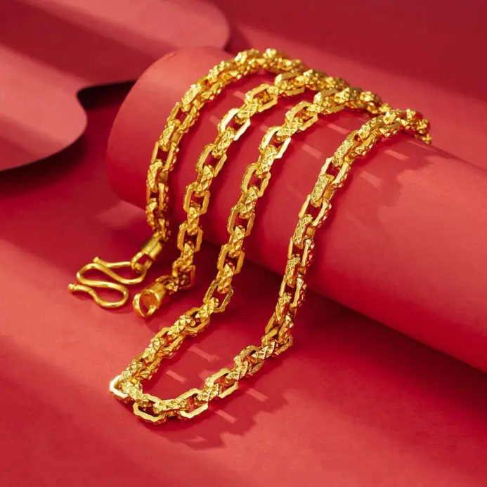 Collar entrelazado cuadrado para hombre de oro real de 24 quilates, lujoso y dominante, collar Chopin con diseño de oro au9999 1