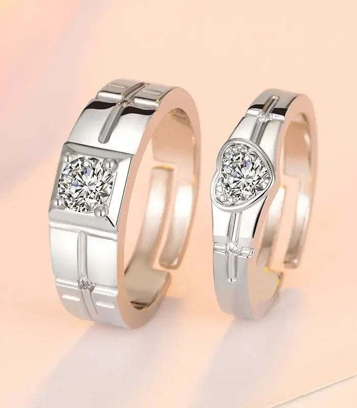 2 Anillos de Plata de Ley 925 con Circonita para Pareja, para Mujer y Hombre, Exquisitos, para Estudiantes, Novias, Accesorios de Joyería de Plata para Boda 1