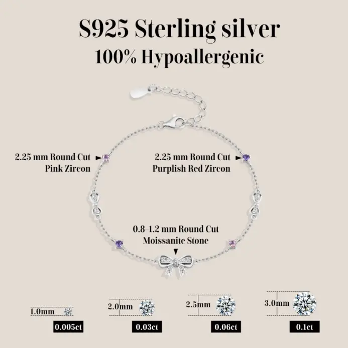 Pulsera de Plata de Ley 925 con Moissanita y Lazo de ATTAGEMS, Diseño Original y Dulce, Pulseras Coloridas con Circonitas Rosas para Mujer, Regalos para Fiestas 2