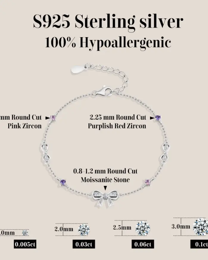Pulsera de Plata de Ley 925 con Moissanita y Lazo de ATTAGEMS, Diseño Original y Dulce, Pulseras Coloridas con Circonitas Rosas para Mujer, Regalos para Fiestas 2
