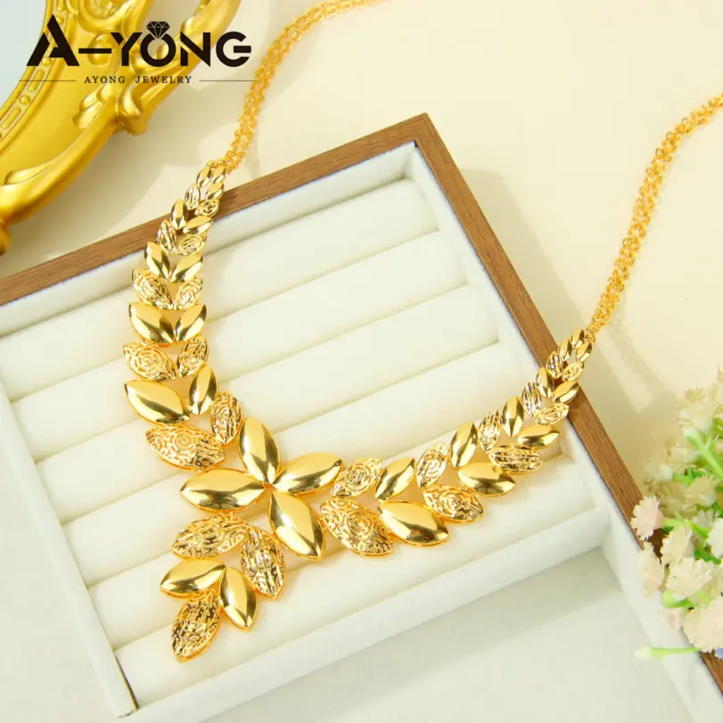 Precioso conjunto de joyería de boda de Dubái, chapado en oro de 24k, collar nupcial nigeriano, pulsera, pendientes, joyería árabe para mujer 5