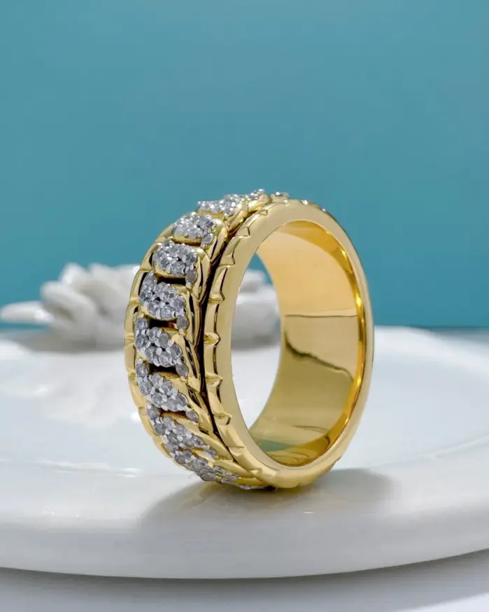 100% de lujo de oro auténtico de 18k para mujer, marca de moda hip-hop, anillo de diamante giratorio, diseño de cadena cubana, anillo de moissanita 2