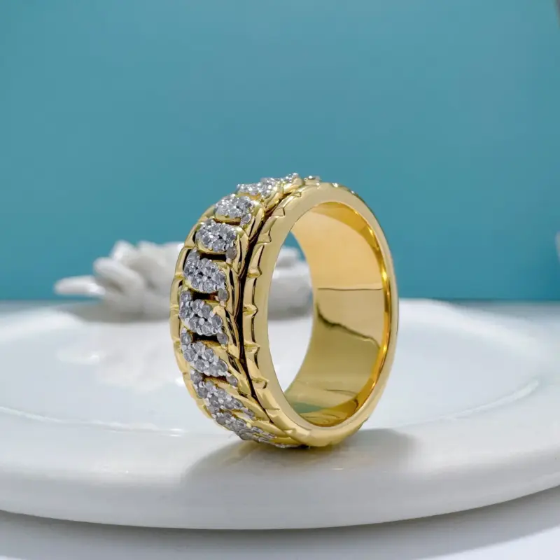 100% de lujo de oro auténtico de 18k para mujer, marca de moda hip-hop, anillo de diamante giratorio, diseño de cadena cubana, anillo de moissanita 2