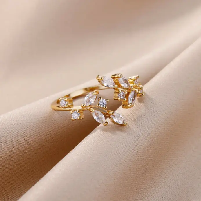 Anillos abiertos de hojas de circón para mujer, anillo de hoja de acero inoxidable de Color dorado, joyería estética de boda, regalo, anillos para mujer 2