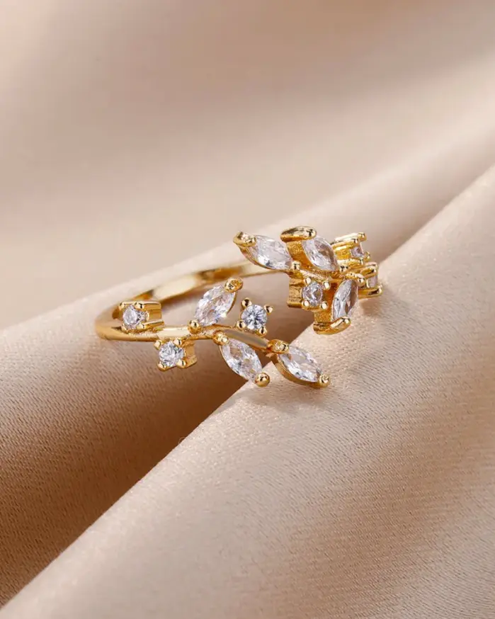Anillos abiertos de hojas de circón para mujer, anillo de hoja de acero inoxidable de Color dorado, joyería estética de boda, regalo, anillos para mujer 2