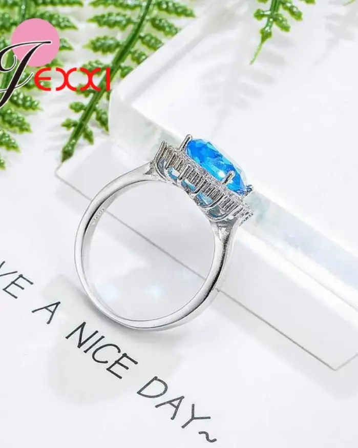 Anillos de plata auténtica S925 para mujer, anillo de circón azul, piedra azul claro, regalo romántico, joyería de compromiso, tamaño 6-10 2