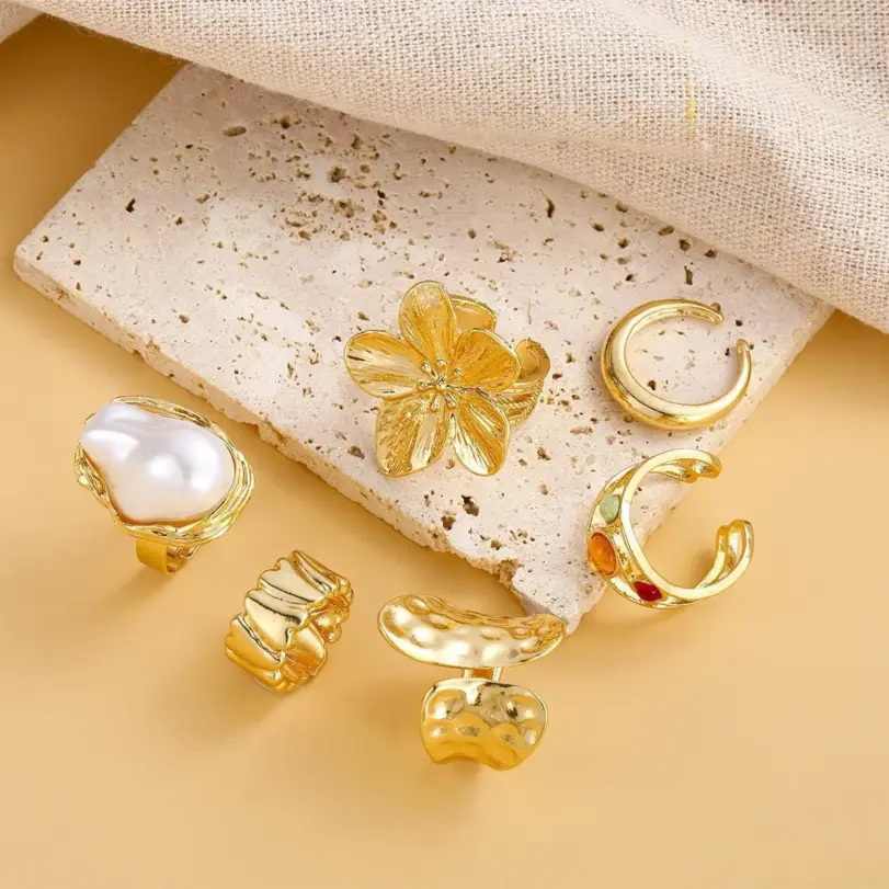 6 unids/set de anillos de flores de Metal Vintage para mujer, anillos de nudillos de perlas de imitación barrocas elegantes Punk, uso diario, regalos de fiesta y vacaciones 5