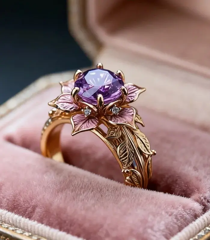 Exquisito y bonito anillo de flor púrpura, Zirconia brillante para bodas, compromiso, aniversarios, regalos de joyería para el día de Año Nuevo 1
