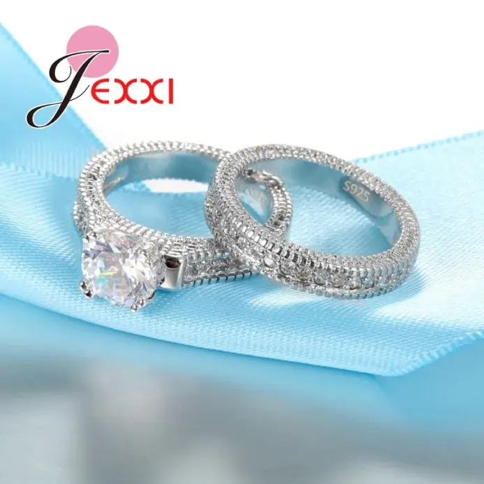 Conjunto de anillos elegantes de Plata de Ley 925 para mujer, 2 uds., pavimentado, cristales brillantes de alta calidad, joyería de boda para novia 2